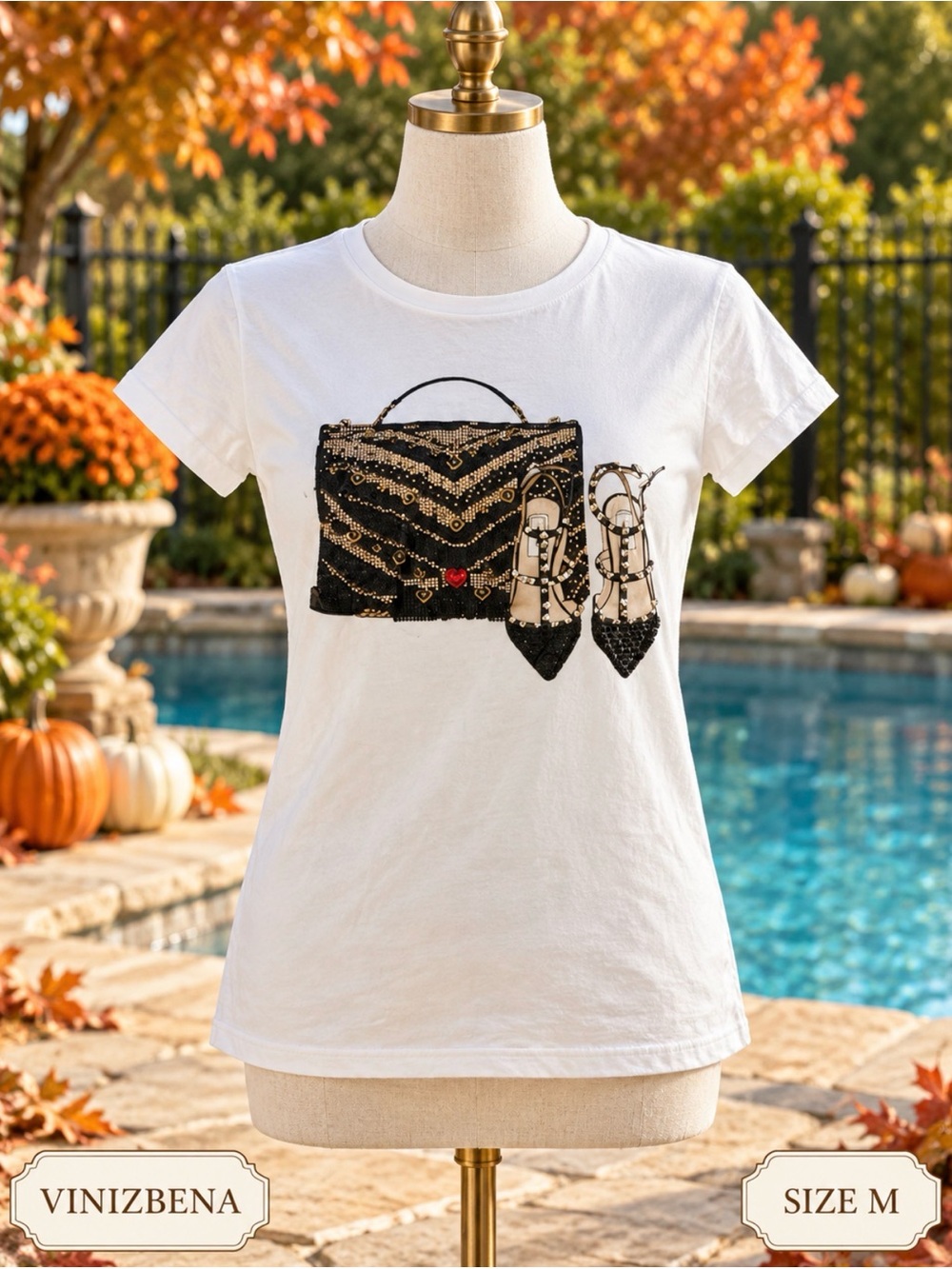 Vinizbena White Short-Sleeve Tee with Black Sequin Bag & Shoes Graphic